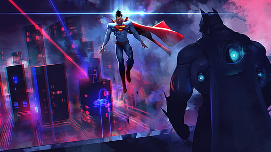 DCコミックスーパーマンvsバットマンイラスト、バットマン、スーパーマン、DCコミック、アートワーク、ネオン、バットマンvスーパーマン：正義の夜明け、 HDデスクトップの壁紙 HD wallpaper