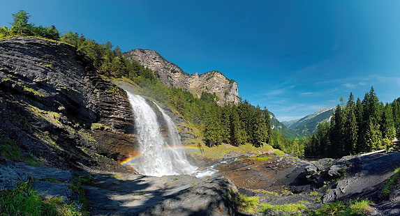 น้ำตกสายรุ้งและป่าธรรมชาติภูมิทัศน์น้ำตกรุ้งป่าภูเขาหน้าผาฤดูร้อนเทือกเขาแอลป์ฝรั่งเศส, วอลล์เปเปอร์ HD HD wallpaper