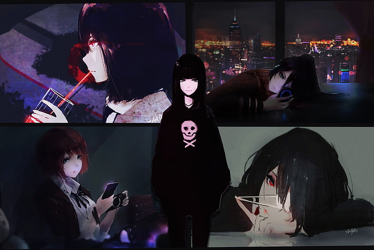 anime, anime girls, Aoi Ogata, black hair, picture-in-picture, artwork, HD wallpaper