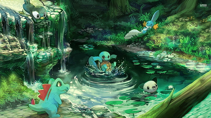 Pokemon totodile and squirtle, Pokémon, water, play, waterfall, HD wallpaper