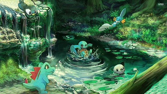 Pokemon totodile and squirtle, Pokémon, water, play, wodospad, Tapety HD HD wallpaper