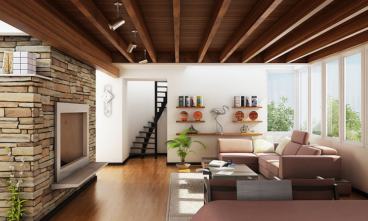 gray and pink living room furniture set, interior design, style, design, home, villa, living room, HD wallpaper