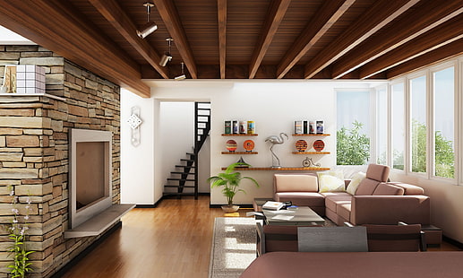 conjunto de móveis de sala de estar cinza e rosa, design de interiores, estilo, design, casa, villa, sala de estar, HD papel de parede HD wallpaper