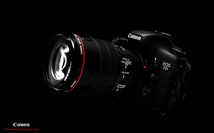 black Canon EOS 7D DSLR camera, Wallpaper, the camera, black background, Canon, EF 100mm F2.8L macro Hybrid IS, EOS 7D, HD wallpaper