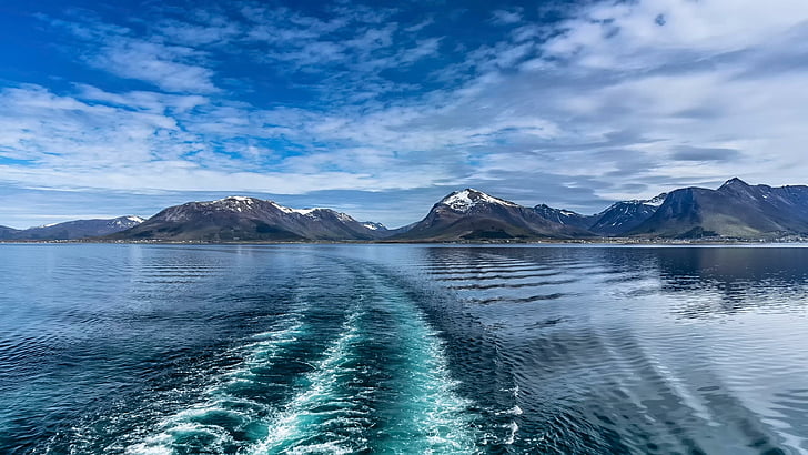 sea, mountain, sky, nature, cloud, coastline, lofoten, fjord, norway, motorboat, europe, landscape, calm, daytime, HD wallpaper
