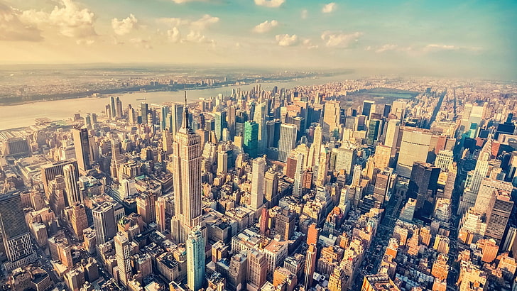 Ню Йорк, въздушен изглед на град, градски пейзаж, Ню Йорк, сграда, град, САЩ, Емпайър Стейт Билдинг, HD тапет