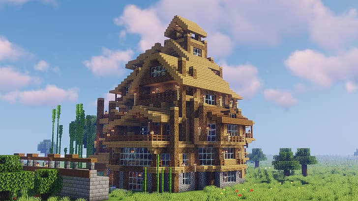 Minecraft, rumah, kabin, hutan, lanskap, rumah besar, Pedesaan, rumah kayu, Wallpaper HD