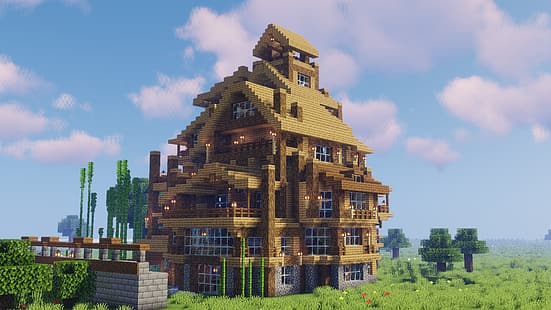  Minecraft, house, cabin, forest, landscape, mansion, Rustic, wood house, HD wallpaper HD wallpaper