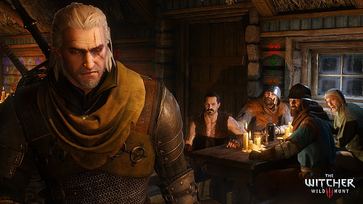 茶色の木製フレーム入りの茶色のパッド入りアームチェア、The Witcher 3：Wild Hunt、Geralt of Rivia、CD Projekt RED、 HDデスクトップの壁紙