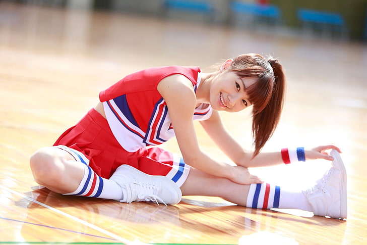 Morning Musume, Ishida Ayumi, Asia, J-pop, wanita, berambut merah, rambut pirang, mata cokelat, tersenyum, duduk, di lantai, dikuncir, Wallpaper HD