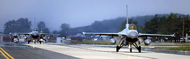 General Dynamics F-16 Fighting Falcon, samoloty, samoloty wojskowe, pas startowy, podwójne monitory, wiele wyświetlaczy, Tapety HD