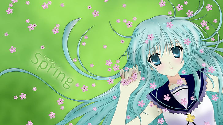 Girl with flowers, green long haired woman anime character, anime, 1920x1080, floral, woman, HD wallpaper