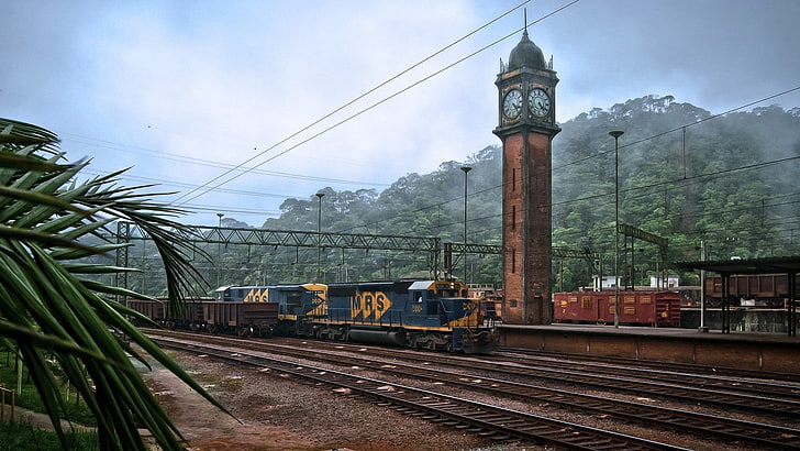 old train station, train, railway, diesel locomotive, train station, tower, clocks, trees, Brazil, leaves, clouds, São Paulo, HD wallpaper