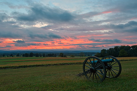black and blue artillery cannon on green grass during daytime, Gettysburg, Cannon, Sunset, HDR, black and blue, artillery, green grass, daytime, canon, weapon, object, sundown, twilight, sky, clouds, cloudy, background, scene, scenic, scenery, landscape, nature, field, meadow  grass, foliage, history, historic, historical, old, vintage, beauty, beautiful, epic, surreal, ethereal, rural, country  national, national  military  park, battlefield, pennsylvania, usa, united states, america, american, americana, civil war, wheels, barrel, travel, tourism, wide angle, glow, bright  blue, cyan, green, orange, magenta, black  white, color, colour, colors, colours, colorful, warm, ca, rural Scene, HD wallpaper HD wallpaper