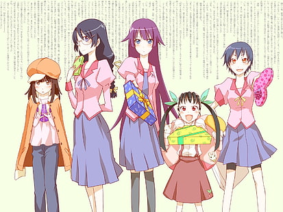 Série Monogatari, Senjougahara Hitagi, Kanbaru Suruga, Hachikuji Mayoi, Sengoku Nadeko, Hanekawa Tsubasa, filles anime, Fond d'écran HD HD wallpaper