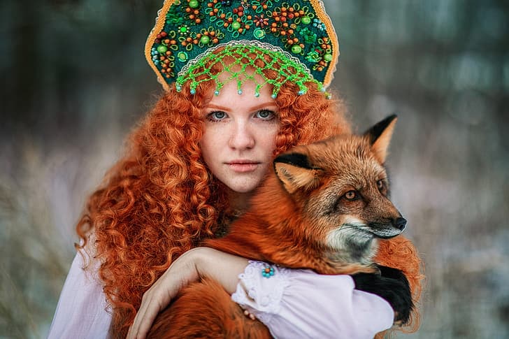 look, girl, face, hair, Fox, freckles, red, curls, redhead, kokoshnik, by Александра Савенкова, Софья Раксеева, HD wallpaper