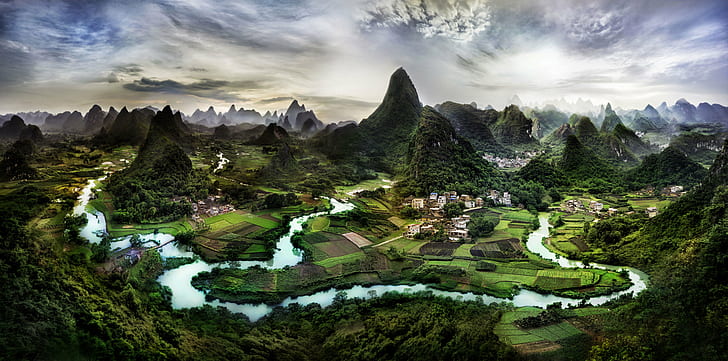 village at mountain foot, front, your face, veil, village, mountain, foot, China, Guilin, com, asia, guangxi Zhuang Autonomous Region - China, yangshuo, nature, famous Place, landscape, travel, li River, karst Formation, china - East Asia, scenics, rice Paddy, HD wallpaper