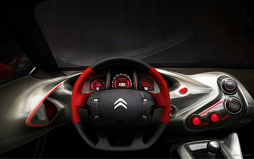 2010 GQbyCITROEN Concept Car Interior, черный и красный Citroen руль, интерьер, 2010, концепт, gqbycitroen, автомобили, citroen, HD обои HD wallpaper