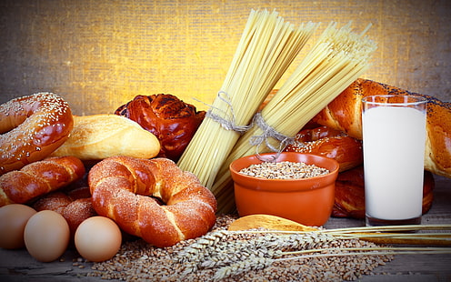 bakade bröd, tallrikar, koppar, mjölk, pasta, bröd, rullar, ägg, spannmål, HD tapet HD wallpaper