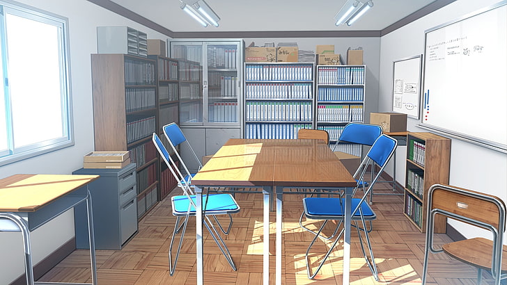 Pokój anime, krzesła, biurko, światło słoneczne, okno, anime, Tapety HD