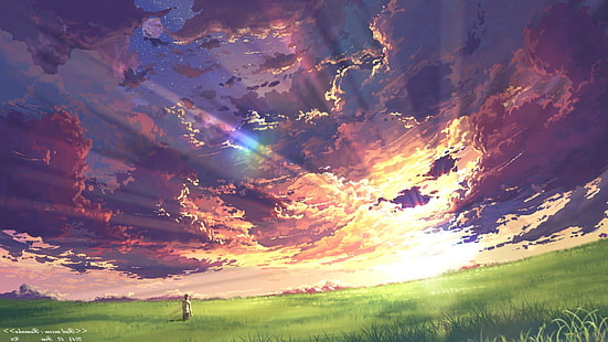 アニメ雲空夕日太陽光線フィールド、 HDデスクトップの壁紙 HD wallpaper