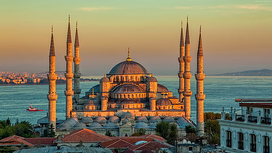 4k, джамия Султан Ахмед, Истанбул, Турция, изгрев, HD тапет HD wallpaper