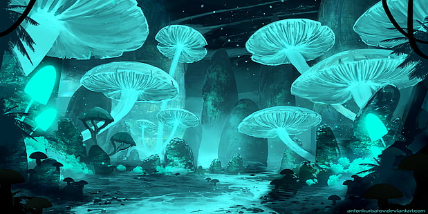 Fantasy, Landscape, Fluorescent, Mushroom, Nature, HD wallpaper HD wallpaper