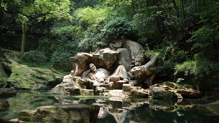 Statua di un uomo disteso, Cina, scultura, tigre, Sfondo HD