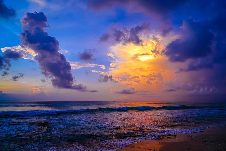 شاطئ دريم لاند ، بالي ، إندونيسيا ، البحر في الساعة الذهبية ، شاطئ دريم لاند ، بالي ، إندونيسيا، خلفية HD