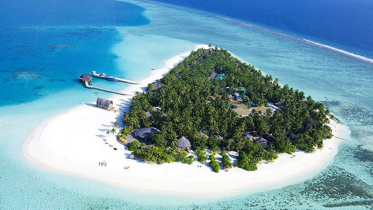 Exotic island, white and green island, beaches, 1920x1080, sand, palm, cabin, HD wallpaper