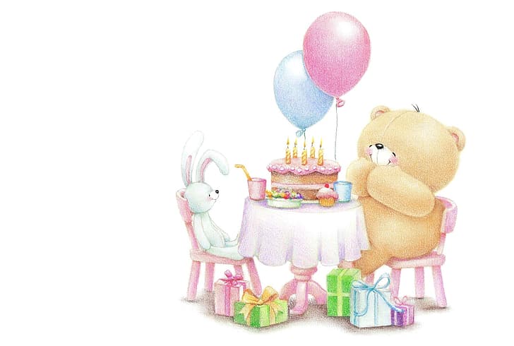 шарики, друг, настроение, день рождения, праздник, подарок, свечи, кролик, арт, мишка, пирожное, детская, Forever Friends Deckchair bear, HD обои
