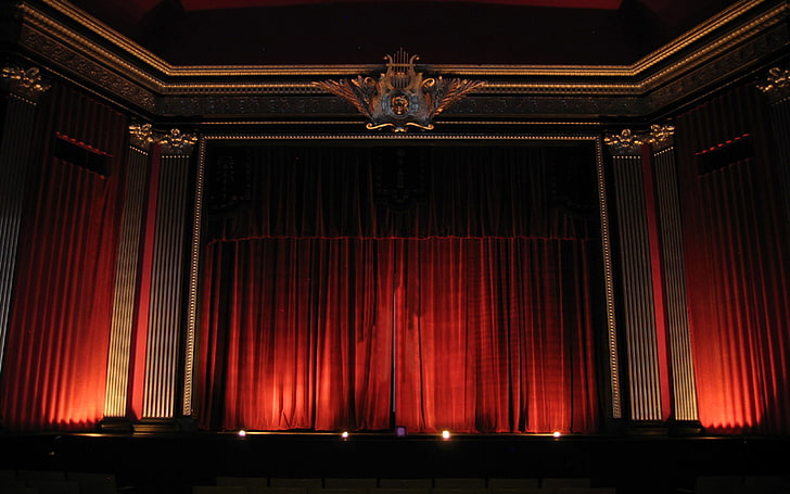 red window curtains, theatre, curtain, waiting, HD wallpaper