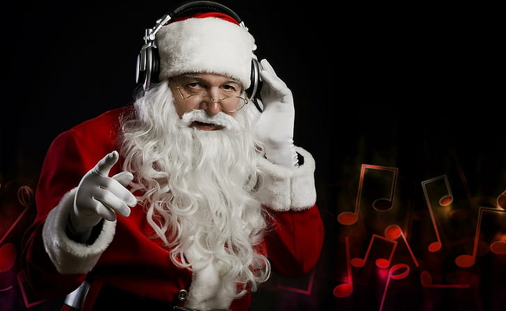 Papá Noel, Navidad, auriculares, música, mano, foto de Papá Noel, Papá Noel, Navidad, auriculares, música, mano, Fondo de pantalla HD