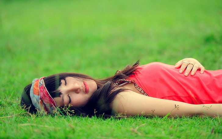 women's red sleeveless top, grass, leaves, girl, background, situation, stay, Wallpaper, brunette, meadow, sleeping, wallpapers, HD wallpaper