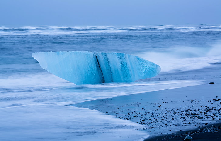 น้ำแข็ง, ทะเล, คลื่น, พายุ, ฝั่ง, ฟลิว, ไอซ์แลนด์, ก้อน, วอลล์เปเปอร์ HD