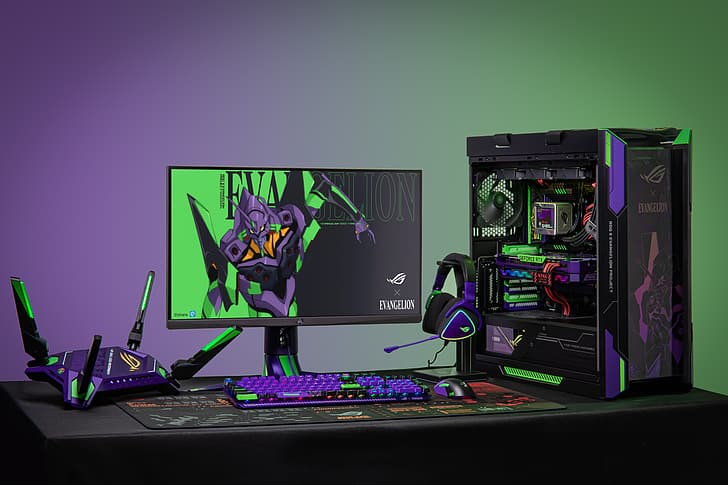 Republic of Gamers, ASUS, PC build, PC cases, Evangelion Unit-01, water cooling, crossover, GPU, mechanical keyboard, HD wallpaper