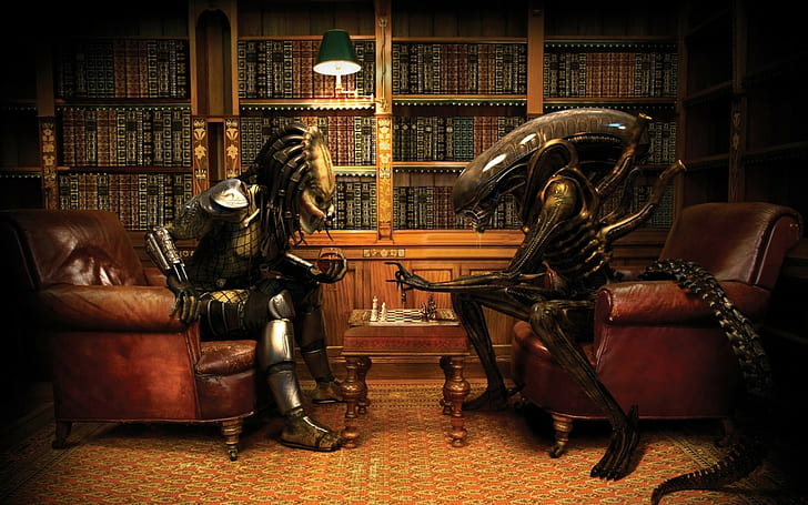 Aliens (movie), Predator (movie), Alien vs. Predator, chess, Xenomorph, render, CGI, predator (creature), HD wallpaper