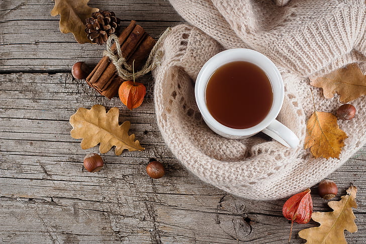 秋、葉、背景、木、コーヒー、カラフルなカップ、木、 HDデスクトップの壁紙