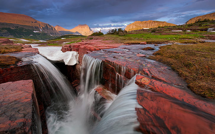 Natural Mountain Stream Waterfall Stones Rocks Triple Falls, Glacier National Park, Montana Tapety na pulpit HD do pobrania za darmo, Tapety HD