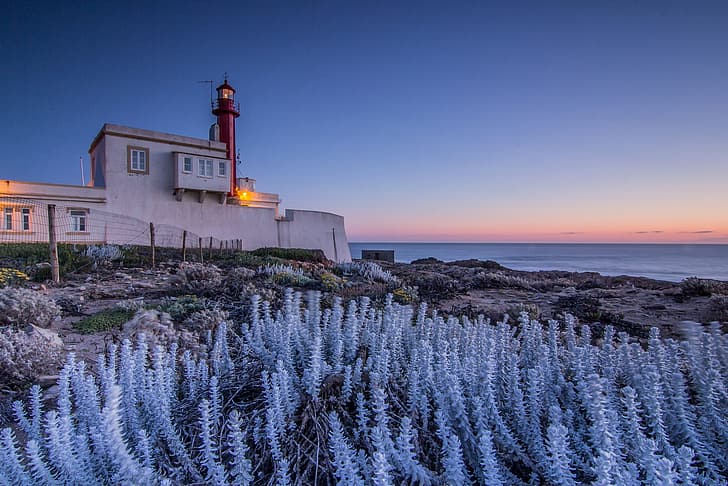 light, sunset, the ocean, shore, vegetation, lighthouse, the evening, Portugal, HD wallpaper