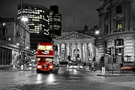 red double decker bus, road, night, city, the city, lights, black and white, street, England, London, blur, bus, buildings, HD wallpaper HD wallpaper