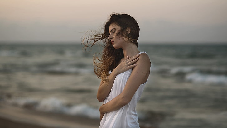 바다, 해변, 바람, 긴 머리, 야외 여성, 여자, 모델, HD 배경 화면