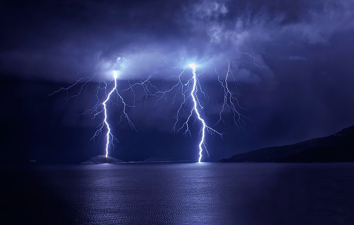 two lightnings and gray nimbus clouds, the storm, the sky, mountains, clouds, lake, lightning, HD wallpaper