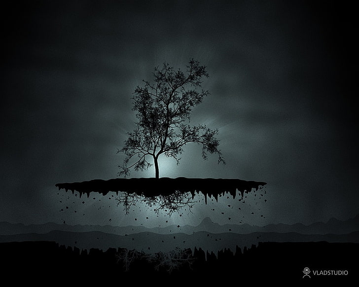 trees, floating, spooky, abstract, render, HD wallpaper