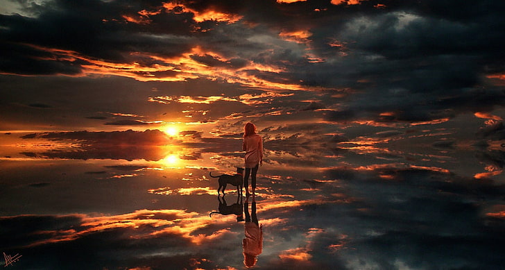 woman and dog standing on body of water digital wallpaper, sky, sunset, women, dog, digital art, Photoshop, fantasy art, reflection, illustration, fan art, concept art, Abrar Khan, clouds, HD wallpaper