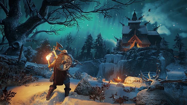 Assassin's Creed: Valhalla, Videospiele, Videospielkunst, digitale Kunst, Wikinger, Axt, Schnee, HD-Hintergrundbild