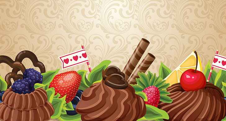 カップケーキとフルーツのイラスト 抽象化 ベリー 甘さ チョコレート ケーキ フルーツ クリーム フルーツ ケーキ お菓子 Hdデスクトップの壁紙 Wallpaperbetter