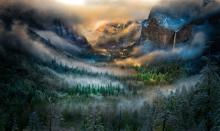 冬、森林、山、霧、夜明け、滝、谷、カリフォルニア、ヨセミテ国立公園、ブライダルベイル滝、トンネルビュー、 HDデスクトップの壁紙