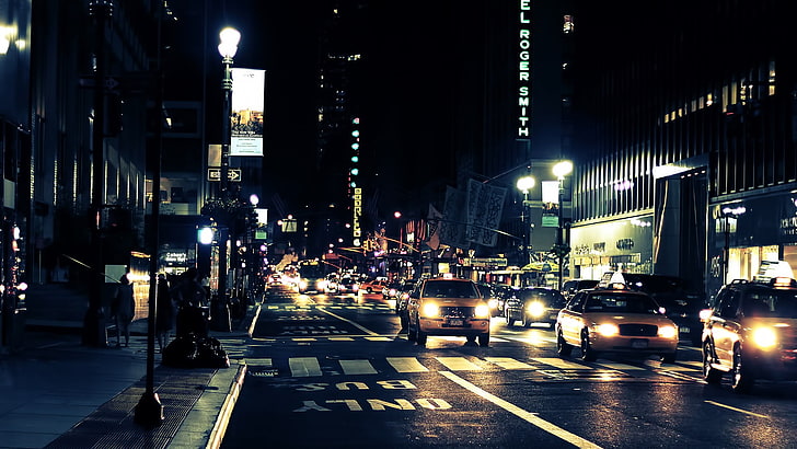 yellow taxi vehicle, night, New York City, city lights, traffic lights, street, HD wallpaper