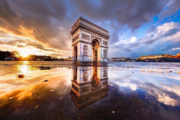 記念碑、Arc旋門、雲、フランス、記念碑、パリ、反射、 HDデスクトップの壁紙